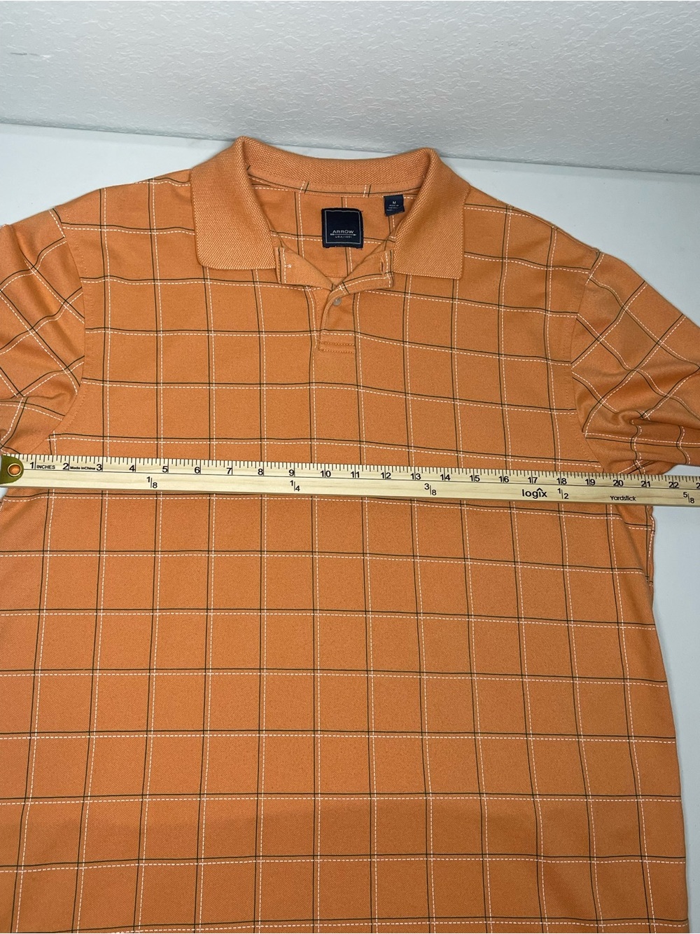 Arrow Mens Medium Polo Shirt Orange Grid Windowpane Plaid Short Sleeve Casual - Picture 6 of 8